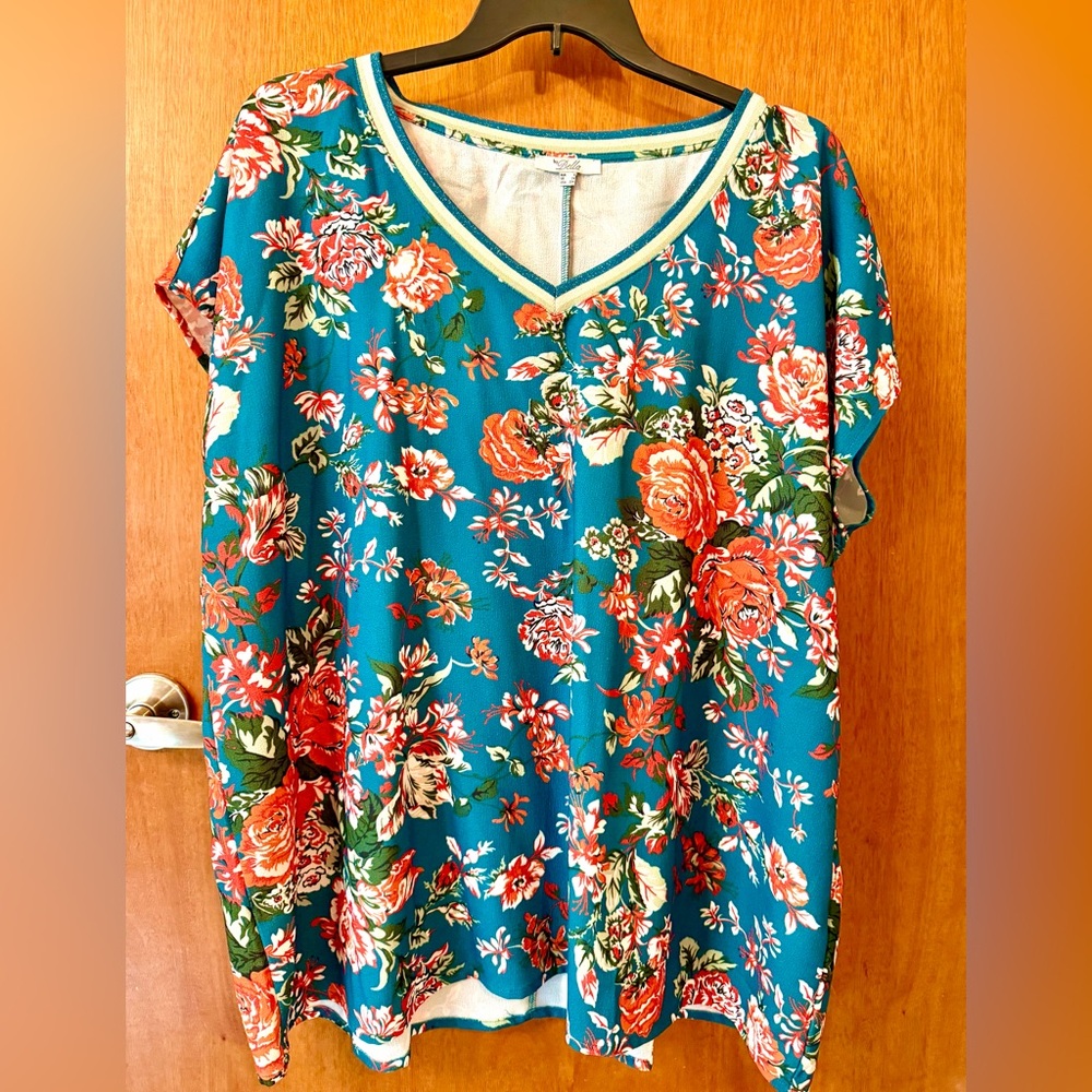 Abella Floral V-Neck Tunic in Teal with Coral Accents